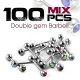 Package of 100 Pieces of Surgical Steel Straight Barbell with Double Gems in Assorted Colors. Only $0.45 Each !