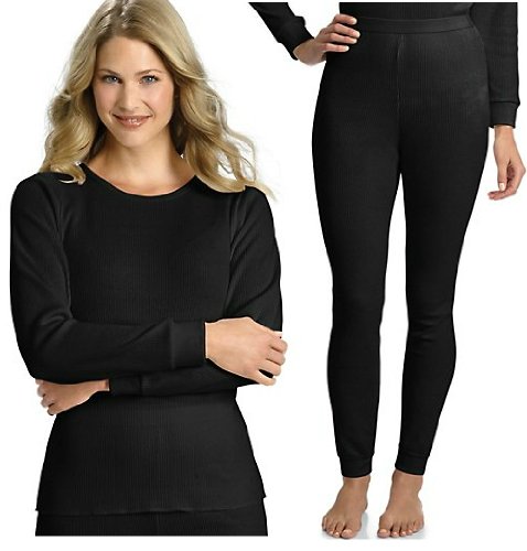 Hanes Everyday Womens Thermal Set (Long Sleeve Crew and Long Johns) - Black - Large
