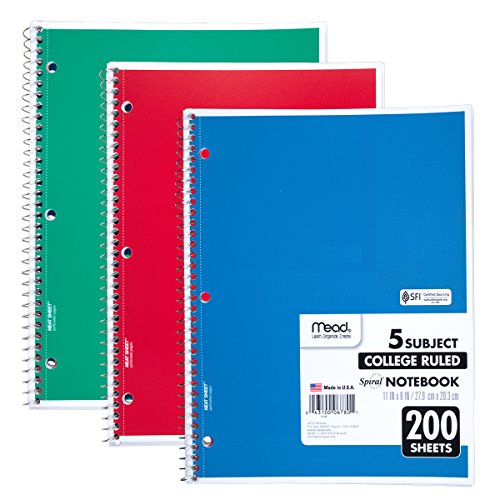 Mead Spiral Notebook, 5 Subject, College Ruled, 200 Sheets, 1 Notebook