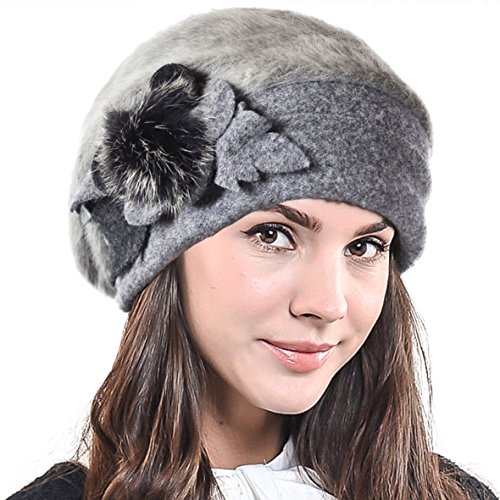 Lady French Beret Wool Beret Chic Beanie Winter Hat Jf-br034 (BR022-Grey-Angora) Lady French Beret Wool Beret Chic Beanie Winter Hat Jf-br034 (BR022-Grey-Angora)