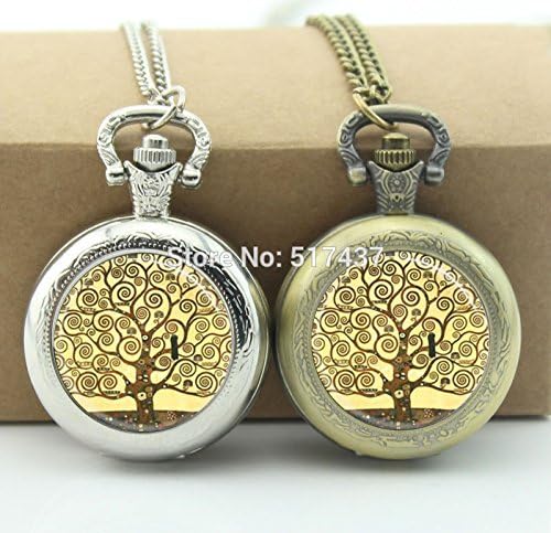 Pretty Lee Klimt Tree Of Life Pocket Watch Floating Memory Locket Necklace Vintage Pocket Watch Necklace Silver