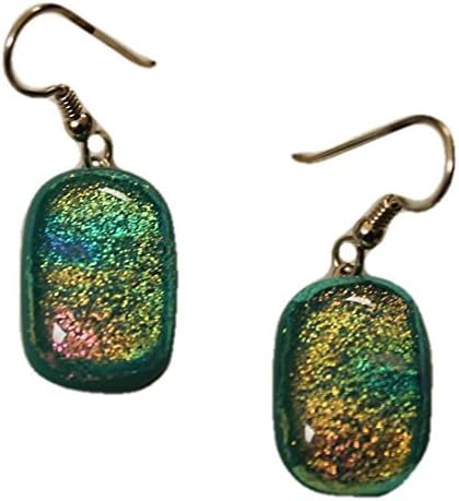 Jewels of Fire Glass Drop Earrings in Glittery Pink, Golden, Blue Highlights on Green Transparent Glass