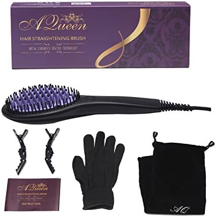Aqueen Straightening Detangling Hair Brush Electric Ceramic Digital Hair Comb Straightener 1-set Anti Static Anti-sacld for Women Curly Wavy Frizzy Hair Care Dark Purple