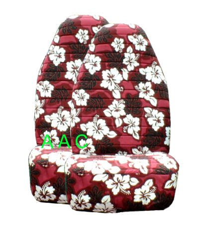 Set of 2 Universal-fit Hawaiian Front Bucket Seat Cover - Red Hawaii Hibiscus Floral Print