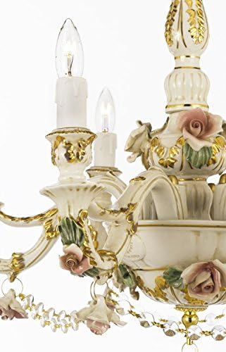 Authentic Capodimonte Porcelain Chandelier Lighting Chandeliers Made in Italy, Good for Dining Room, Kids & Girls Bedrooms 24K Gold Trimmed w/ Roses & Flowers Dressed w/ Pink Stars Crystals!