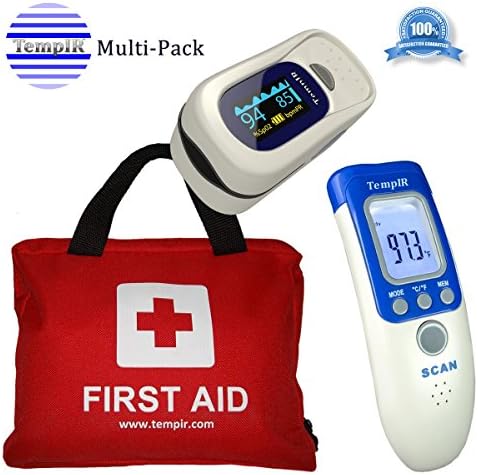 TempIr Discounted Bundle - First Aid Kit Contains over 100 Items - Finger Pulse Oximeter - Body Thermometer - 3 essential Health Items at a special pack Price.FDA Approved and Money Back Guarantee.