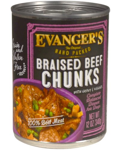EVANGER'S 776150 12-Pack Hand-Packed Grain Free Braised Beef with Chunks Dinner for Dogs, 12-Ounce