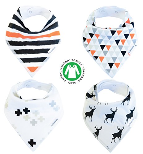 Baby Bandana Drool Bibs Organic 4 Pack for Boys and Girls with Snaps, Absorbent Soft Cotton for Teething Feeding Baby Shower Gift Scarf Bib (Black Grey Orange Stripe Unisex) From Lil Dandelion