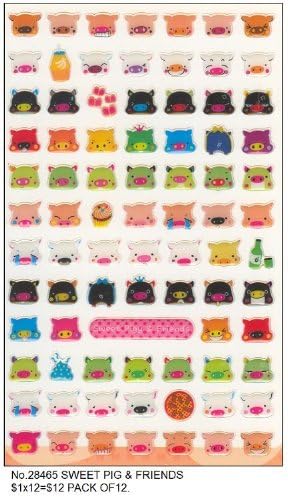 Kawaii Sweet Pig & Friend Gel Sticker, 2 Sheets, #28762