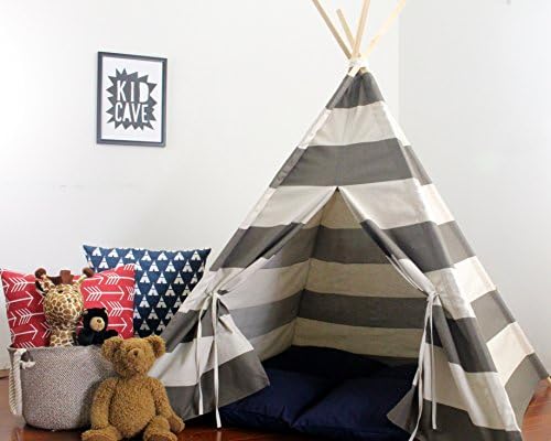 Teepee Play Tent, Brown and Linen Color Wide Striped Large Play Tee Pee, Heavy Fabric, Fort, Wigwam, Playhouse