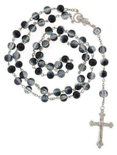 Black and Clear Glass Rosary - Mother Mary Centerpiece and Sacred Heart of Jesus Christ Crucifix - 32\'\' Necklace Part - 22\'\' Overall Length