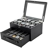 20 Watch Box Storage Case Black Leather With Glass Window Lock