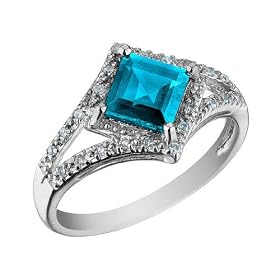 Blue Topaz Ring with Diamonds 1.28 Carat (ctw) in 10K White Gold, Size 7 by