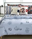 RALPH LAUREN Blue ELLIS UNIVERSITY Skulls FULL/QUEEN DUVET COVER + SHAMS Bu ....