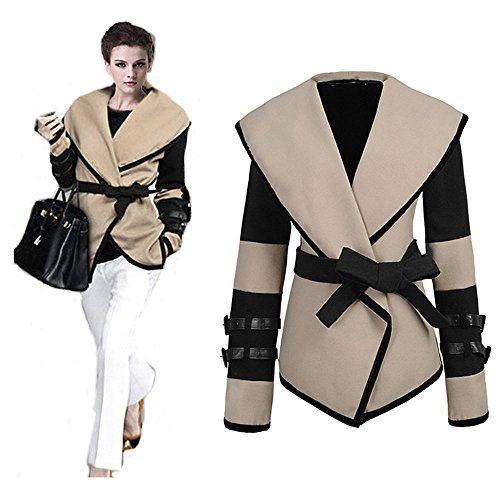 Viwenni Women's Turn-down Collar Big Lapel Belted Jacket Coat Outwear Beige 10
