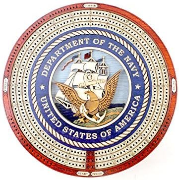 10" Round Shape 3 Tracks 2D US Navy Themed Continuous Cribbage Board and box in Bloodwood / Maple with place for Skunks and Corners - House of Cribbage