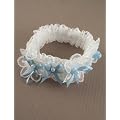 Brides Bridal Wedding Garter with Fancy Lace and Ribbon Bows with Pearl Beads