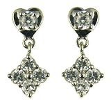 9ct White Gold Ladies Cubic Zirconia 4 Petal Flower and Heart Drop Earrings