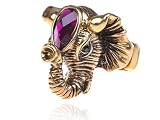 Antique Gold Tone Deep Amethyst Crystal Jewel Asiatic Elephant Trunk Head Ring