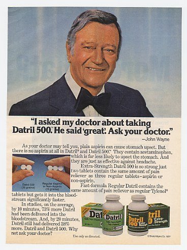 1978 John Wayne Photo Datril Pain Reliever Print Ad (12823)