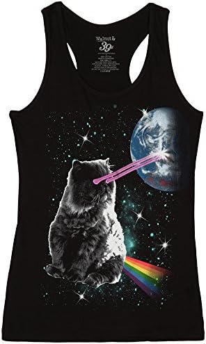 Space Cat Laser Eyes Juniors Tank Top-Black (Large)