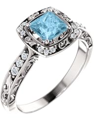 14K White Gold 5.00x5.00mm Princess Cut Aquamarine and Diamond Ring -- LIFETIME WARRANTY