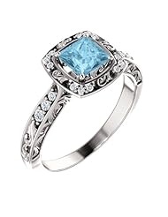 Platinum 5.00x5.00mm Princess Cut Aquamarine and Diamond Ring -- LIFETIME WARRANTY