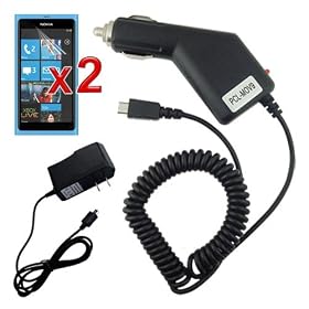 Premium Clear Screen Protector(2 PACKS) + Rapid Car Charger + Home Wall Charger for Nokia Lumia 800 Phone