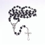 Pewterhooter Men's Black Wood Bead Rosary necklace with Gift Box