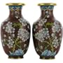 Collectible Vintage Pre-Owned Pair of Red Cloisonne Vases with Flowers and Yellow Birds; 5-1/8 inches tall and 2-3/4 inches wide