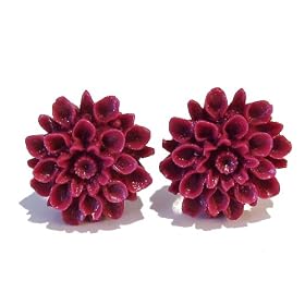Resin Chrysanthemum Stud Earrings - Wine Red