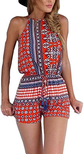 Haoji Women's Halter Neck Bohemian Style Short Jumpsuit Casual Romper