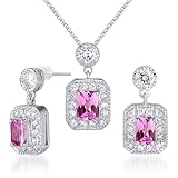 Alluring 3.50 carats Radiant Cut Created Pink Sapphire Pendant Earrings Set in Sterling Silver