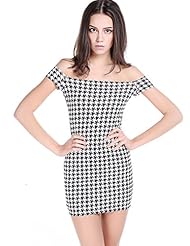 Bateau Neck Houndstooth Print Vintage Bodycon Dress 
