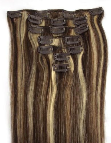 7pc New 15" Clip in sunmay Real human hair extensions Straight 70g color 4/613- brown mix with bleach blonde
