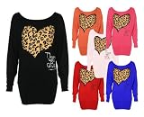 New Ladies Off Shoulder Long Sleeve Batwing 'Leopard Heart Print' Womens Top S/M-M/L