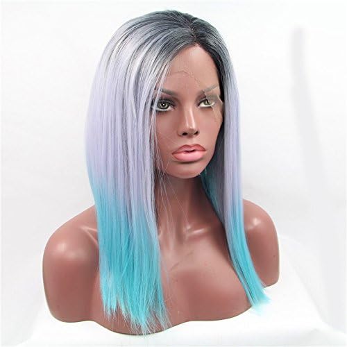 Kylie Jenner Heat Resistant Fiber Hair balck silver to blue bob dark root Synthetic lace front wig for women free shipping