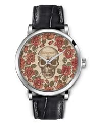 SPRAWL Aanalog Fashion Series Silver Ladies Watches of Genuine Black Leather Strap,Unique Wrist Watch for Women Girls Designed with Skull surrounded by red roses