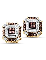 10K Yellow and White Two 2 Tone Gold Round Brilliant Cut Chocolate Brown and White Diamond - Square Princess Shape Channel Set Studs Earrings - (.48 cttw.)