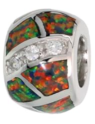 Sterling Silver Synthetic Fire Opal Inlay Barrel Bead Charm, 1/2 inch Diameter