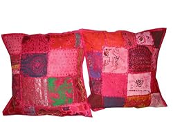 Christmas Gift-2 Maroon Patch Work Sari Toss Pillow Cushion Covers Free Shipping