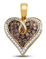 10K Yellow and White Two 2 Tone Gold Round Brilliant Cut Prong Set Chocolate Brown and White Diamond Heart Pendant - (1/2 cttw.)