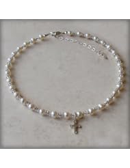 Sterling Silver Childrens First Communion Necklace for Girls with Freshwater Pearls & Crystals with Silver Cross Charm (12-14" adjustable) in Black Velvet Heart Gift Box, 6-11 years