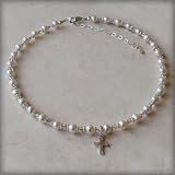 Sterling Silver Children's First Communion Necklace for Girls with Freshwater Pearls & Crystals with Silver Cross Charm (12-14 adjustable) in Black Velvet Heart Gift Box, 6-11 years
