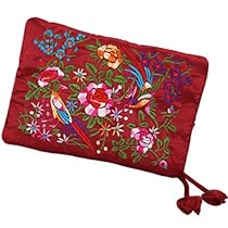 Silky Embroidered Brocade Jewelry Travel Organizer Roll Pouch - Garnet Burgundy