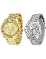 2 PACK Geneva Silver and Gold Plated Classic Round CZ Ladies Boyfriend Watch