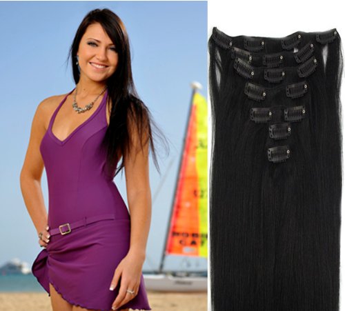 World Pride Fashionable Straight Clip in Hair Extensions 8pcs/set, 17clips 20 Inch 100 Gram No.1b Off Black