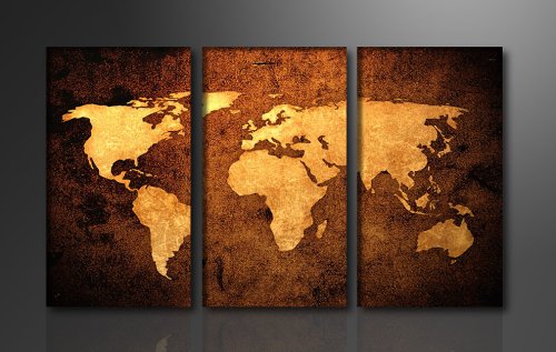 Bild auf Leinwand Weltkarte 160 x 90 cm 3 Teile Modell-Nr. XXL 1162 Bilder fertig gerahmt  auf echtem Holzrahmen riesig. Ausführung Kunstdruck als Wandbild mit Rahmen.