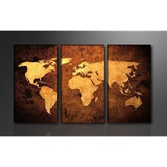 Bild auf Leinwand Weltkarte 160 x 90 cm 3 Teile Modell-Nr. XXL 1162 Bilder fertig gerahmt� auf echtem Holzrahmen riesig. Ausf�hrung Kunstdruck als Wandbild mit Rahmen.