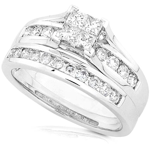 1.00ctw Princess & Round Diamond Wedding Rings Set in 14Kt White Gold